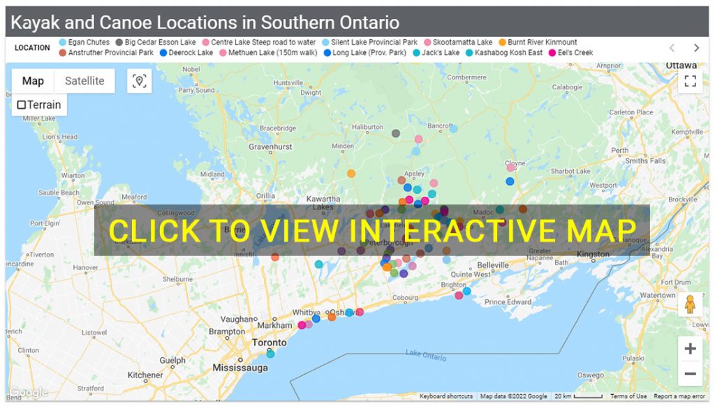 Click the map to view locations to kayak or canoe in lakes, rivers or streams  in Ontario.